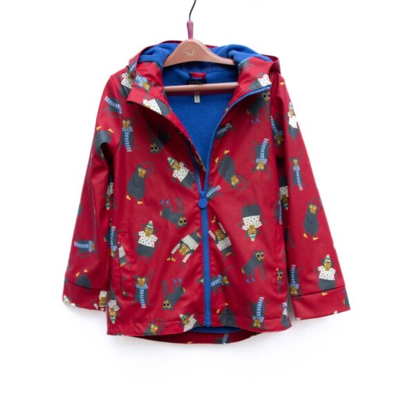 Joules Red Rain Jacket Size 8yrs Monkeys Hooded Pockets Fleece Lined Boys Girls